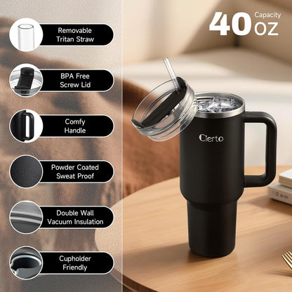 40 oz Tumbler with Handle and Straw, Leak-Resistant 3-in-1 Lid, Cup Holder Friendly, Dishwasher Safe, 18/8 Stainless Steel Vacuum Insulated Travel Mug (White)