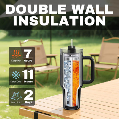 40 oz Tumbler with Handle and Straw, Leak-Resistant 3-in-1 Lid, Cup Holder Friendly, Dishwasher Safe, 18/8 Stainless Steel Vacuum Insulated Travel Mug (White)