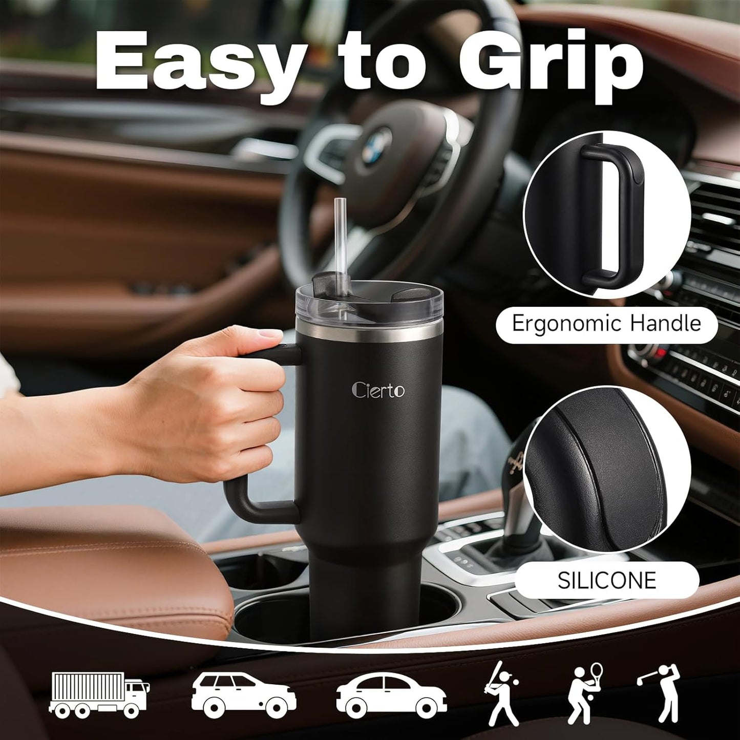 40 oz Tumbler with Handle and Straw, Leak-Resistant 3-in-1 Lid, Cup Holder Friendly, Dishwasher Safe, 18/8 Stainless Steel Vacuum Insulated Travel Mug (White)