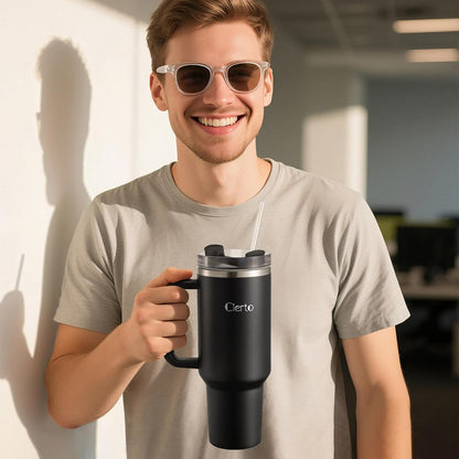 40 oz Tumbler with Handle and Straw, Leak-Resistant 3-in-1 Lid, Cup Holder Friendly, Dishwasher Safe, 18/8 Stainless Steel Vacuum Insulated Travel Mug (White)