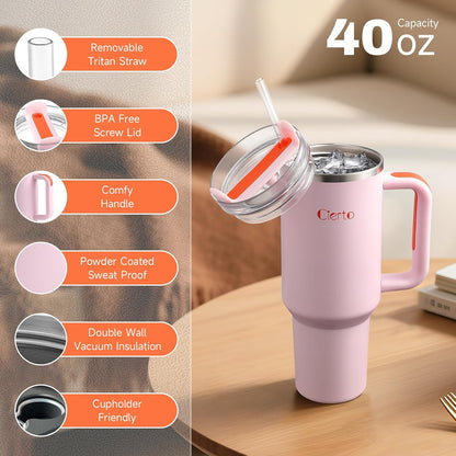 40 oz Tumbler with Handle and Straw, Leak-Resistant 3-in-1 Lid, Cup Holder Friendly, Dishwasher Safe, 18/8 Stainless Steel Vacuum Insulated Travel Mug (White)