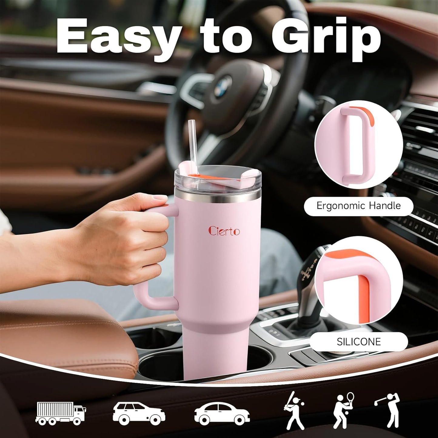40 oz Tumbler with Handle and Straw, Leak-Resistant 3-in-1 Lid, Cup Holder Friendly, Dishwasher Safe, 18/8 Stainless Steel Vacuum Insulated Travel Mug (White)