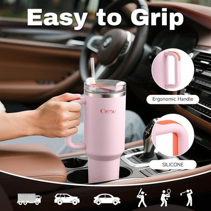 40 oz Tumbler with Handle and Straw, Leak-Resistant 3-in-1 Lid, Cup Holder Friendly, Dishwasher Safe, 18/8 Stainless Steel Vacuum Insulated Travel Mug (White)