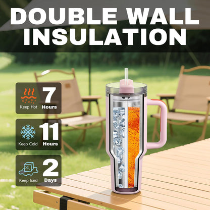 40 oz Tumbler with Handle and Straw, Leak-Resistant 3-in-1 Lid, Cup Holder Friendly, Dishwasher Safe, 18/8 Stainless Steel Vacuum Insulated Travel Mug (White)