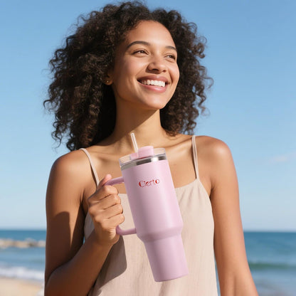40 oz Tumbler with Handle and Straw, Leak-Resistant 3-in-1 Lid, Cup Holder Friendly, Dishwasher Safe, 18/8 Stainless Steel Vacuum Insulated Travel Mug (White)