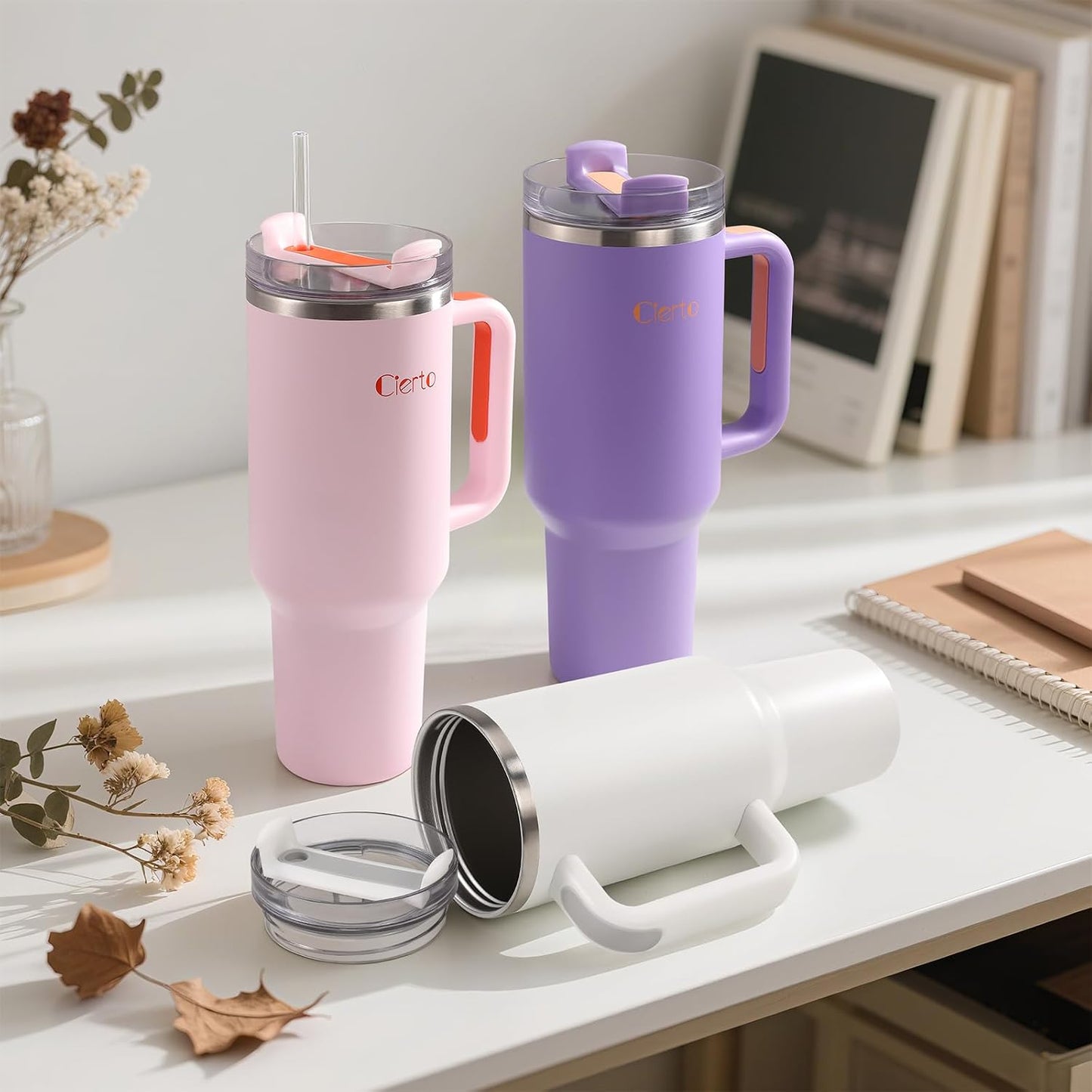 40 oz Tumbler with Handle and Straw, Leak-Resistant 3-in-1 Lid, Cup Holder Friendly, Dishwasher Safe, 18/8 Stainless Steel Vacuum Insulated Travel Mug (White)