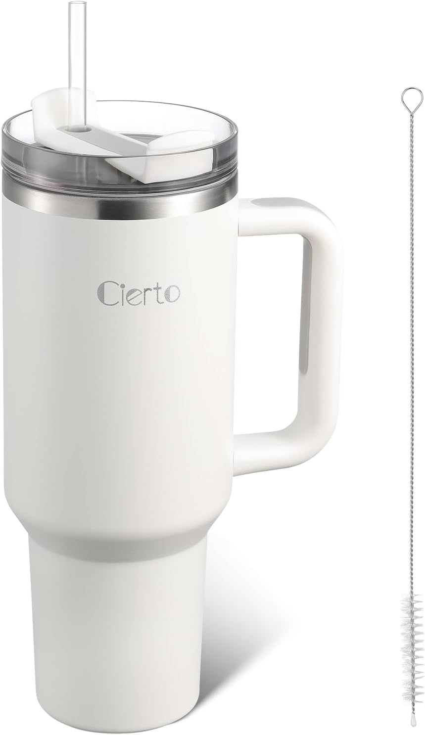 40 oz Tumbler with Handle and Straw, Leak-Resistant 3-in-1 Lid, Cup Holder Friendly, Dishwasher Safe, 18/8 Stainless Steel Vacuum Insulated Travel Mug (White)
