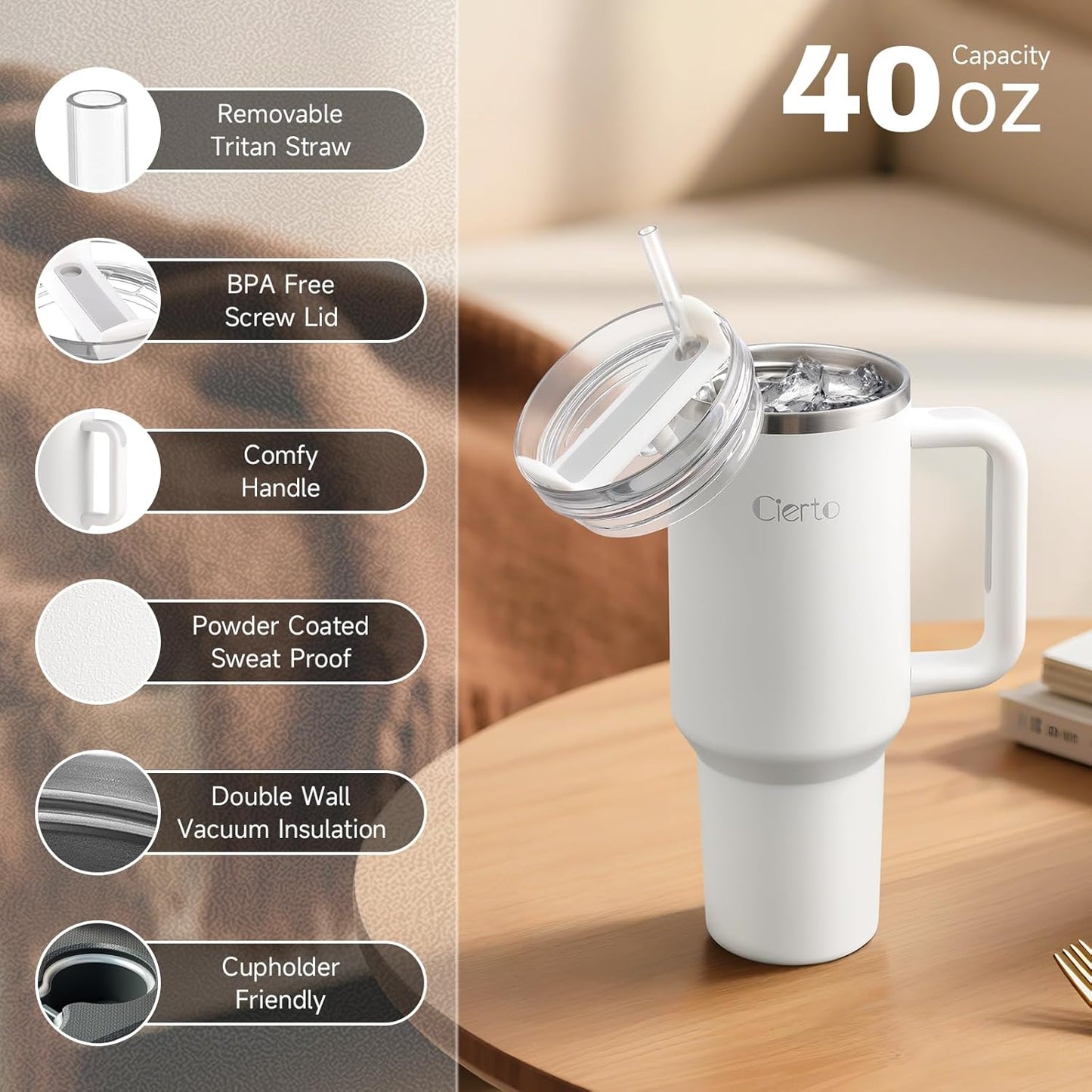 40 oz Tumbler with Handle and Straw, Leak-Resistant 3-in-1 Lid, Cup Holder Friendly, Dishwasher Safe, 18/8 Stainless Steel Vacuum Insulated Travel Mug (White)