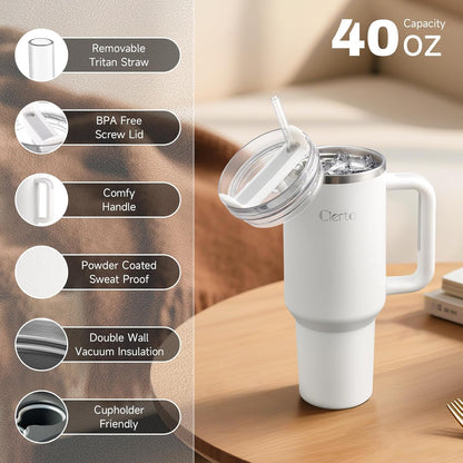 40 oz Tumbler with Handle and Straw, Leak-Resistant 3-in-1 Lid, Cup Holder Friendly, Dishwasher Safe, 18/8 Stainless Steel Vacuum Insulated Travel Mug (White)