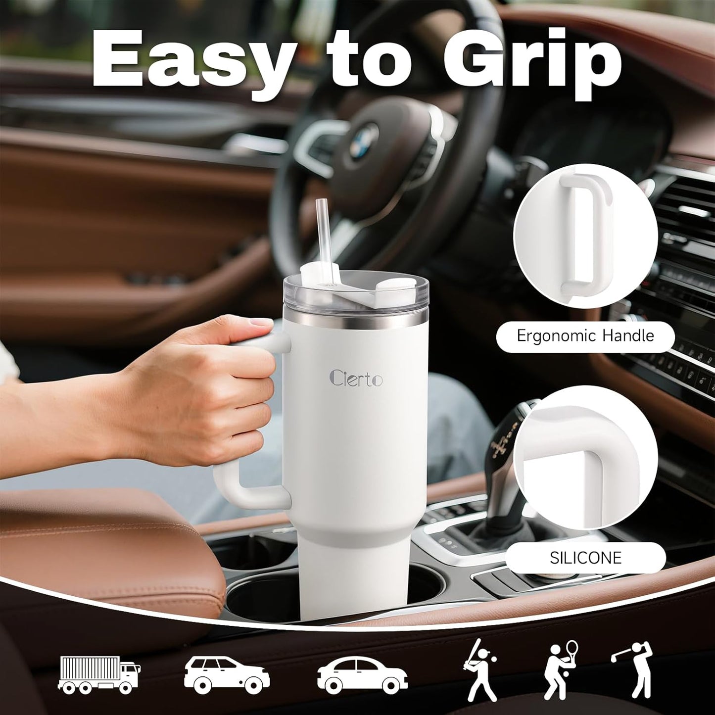 40 oz Tumbler with Handle and Straw, Leak-Resistant 3-in-1 Lid, Cup Holder Friendly, Dishwasher Safe, 18/8 Stainless Steel Vacuum Insulated Travel Mug (White)