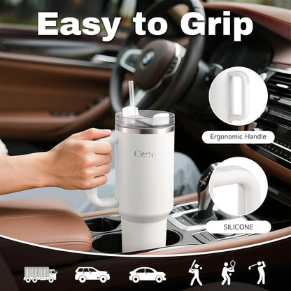40 oz Tumbler with Handle and Straw, Leak-Resistant 3-in-1 Lid, Cup Holder Friendly, Dishwasher Safe, 18/8 Stainless Steel Vacuum Insulated Travel Mug (White)