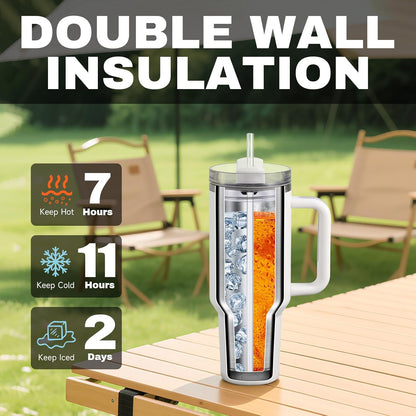 40 oz Tumbler with Handle and Straw, Leak-Resistant 3-in-1 Lid, Cup Holder Friendly, Dishwasher Safe, 18/8 Stainless Steel Vacuum Insulated Travel Mug (White)