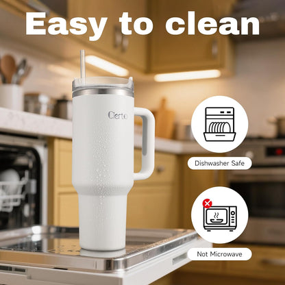 40 oz Tumbler with Handle and Straw, Leak-Resistant 3-in-1 Lid, Cup Holder Friendly, Dishwasher Safe, 18/8 Stainless Steel Vacuum Insulated Travel Mug (White)