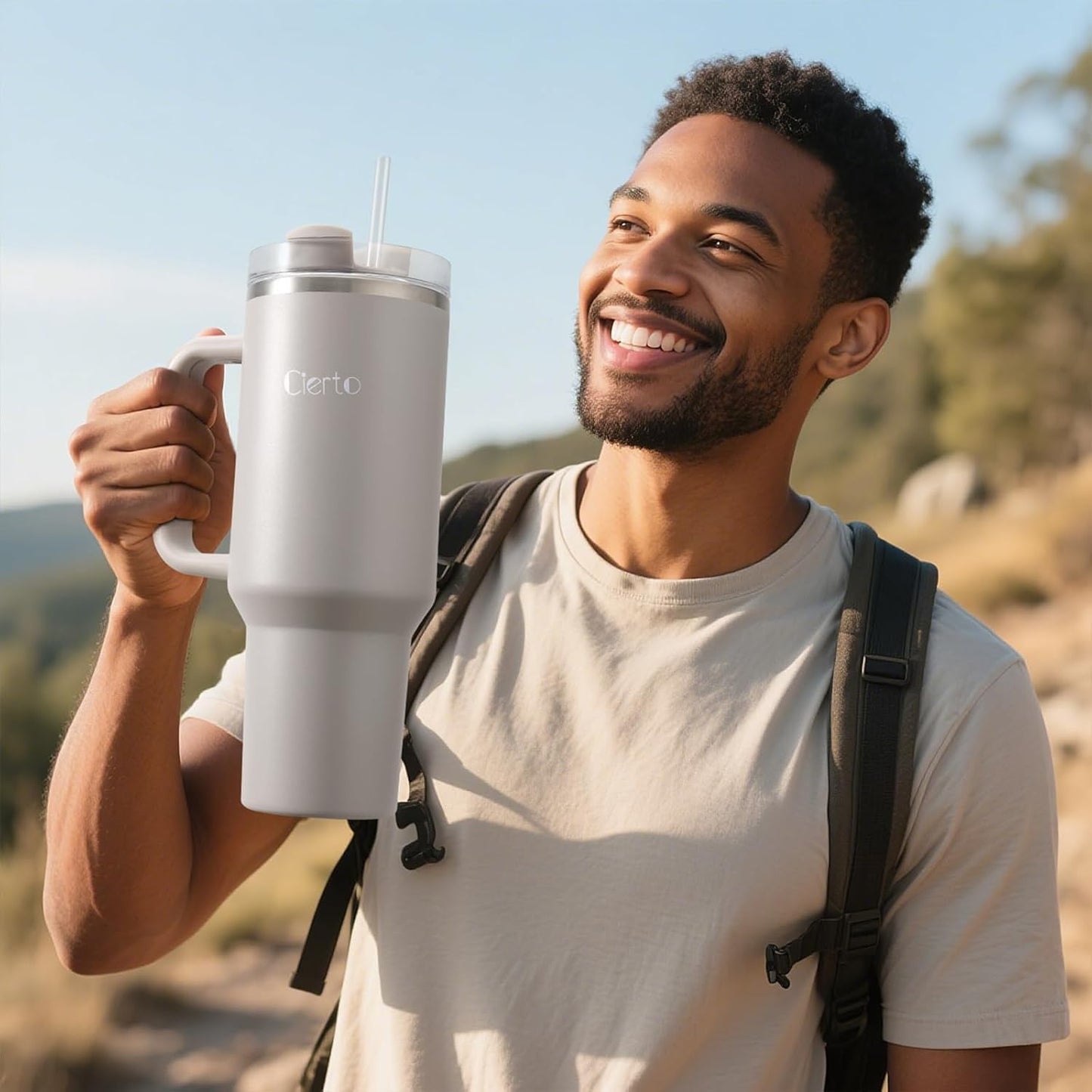 40 oz Tumbler with Handle and Straw, Leak-Resistant 3-in-1 Lid, Cup Holder Friendly, Dishwasher Safe, 18/8 Stainless Steel Vacuum Insulated Travel Mug (White)