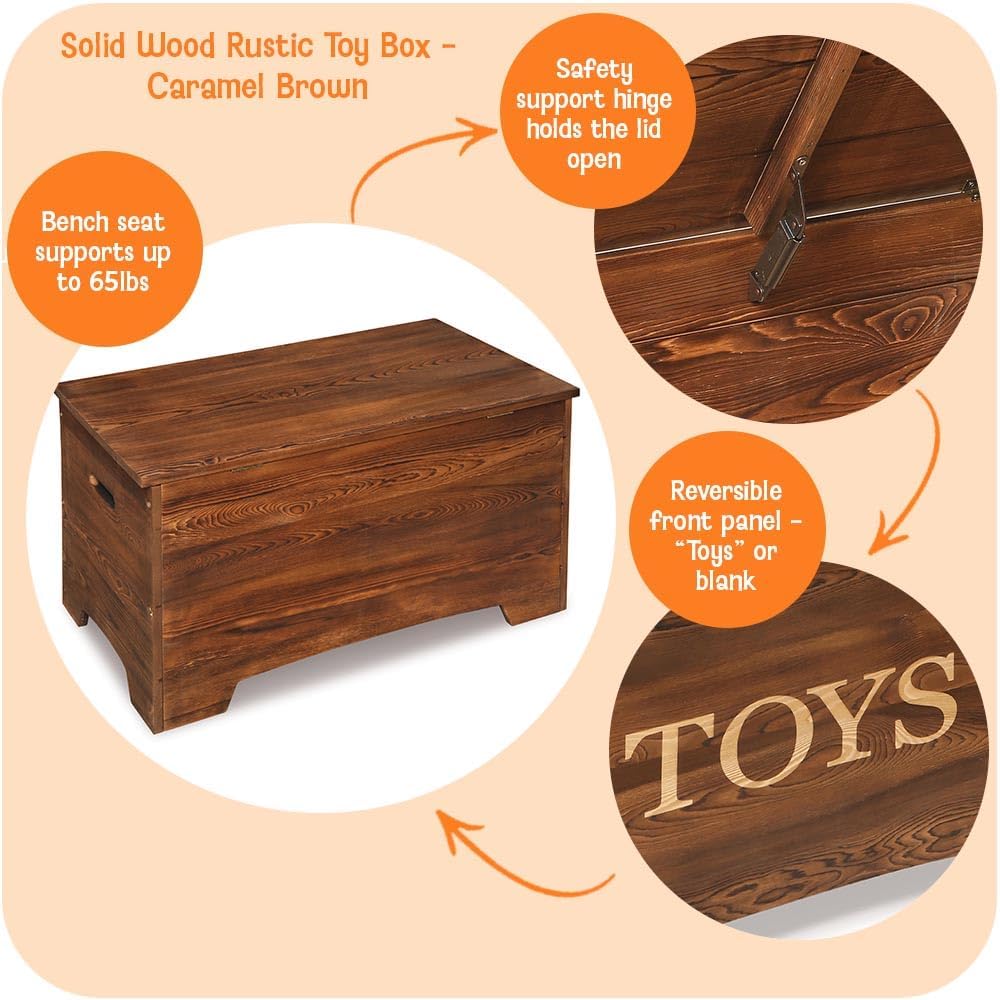 Farmhouse Solid Wood Rustic Toy Box with Reversible Panel - Distressed White, Safety Hinges & Customizable Storage