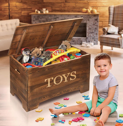 Farmhouse Solid Wood Rustic Toy Box with Reversible Panel - Distressed White, Safety Hinges & Customizable Storage