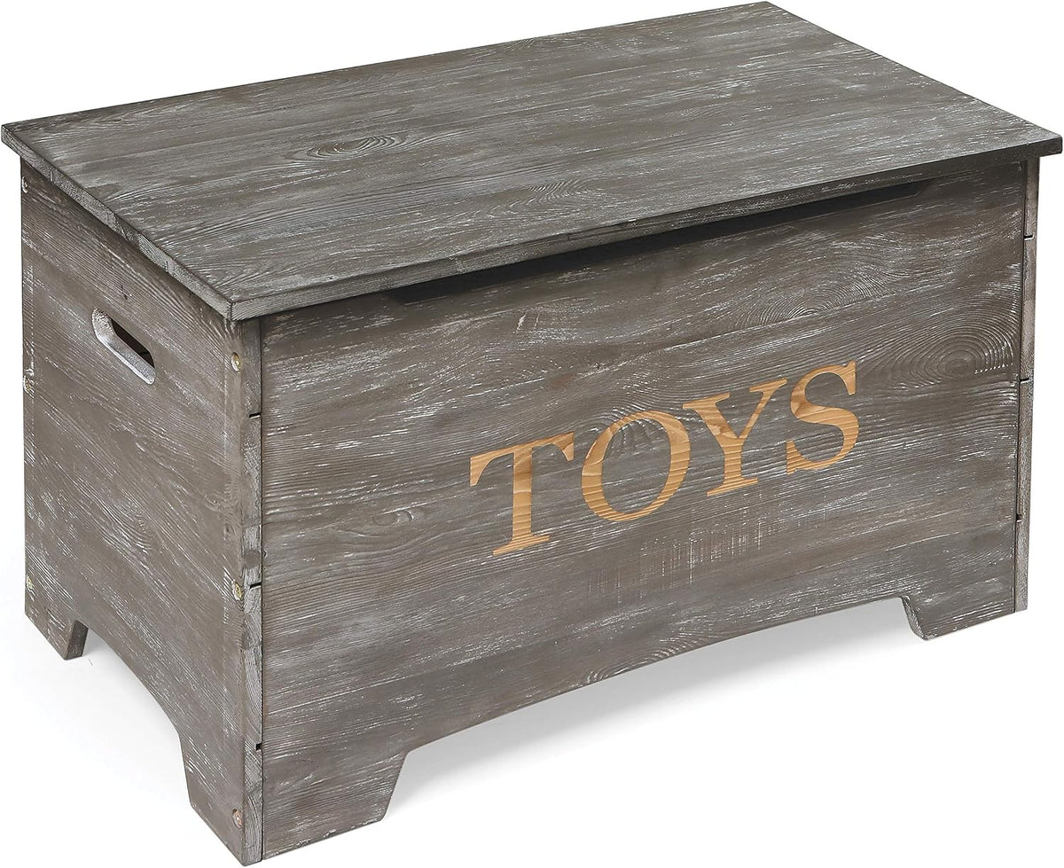 Farmhouse Solid Wood Rustic Toy Box with Reversible Panel - Distressed White, Safety Hinges & Customizable Storage