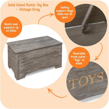 Farmhouse Solid Wood Rustic Toy Box with Reversible Panel - Distressed White, Safety Hinges & Customizable Storage