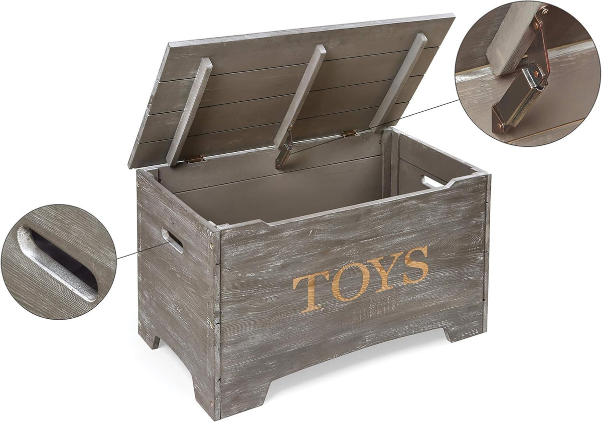 Farmhouse Solid Wood Rustic Toy Box with Reversible Panel - Distressed White, Safety Hinges & Customizable Storage