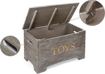 Farmhouse Solid Wood Rustic Toy Box with Reversible Panel - Distressed White, Safety Hinges & Customizable Storage