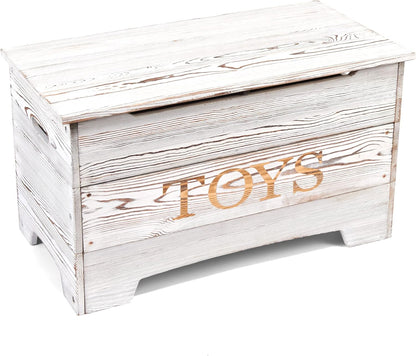 Farmhouse Solid Wood Rustic Toy Box with Reversible Panel - Distressed White, Safety Hinges & Customizable Storage
