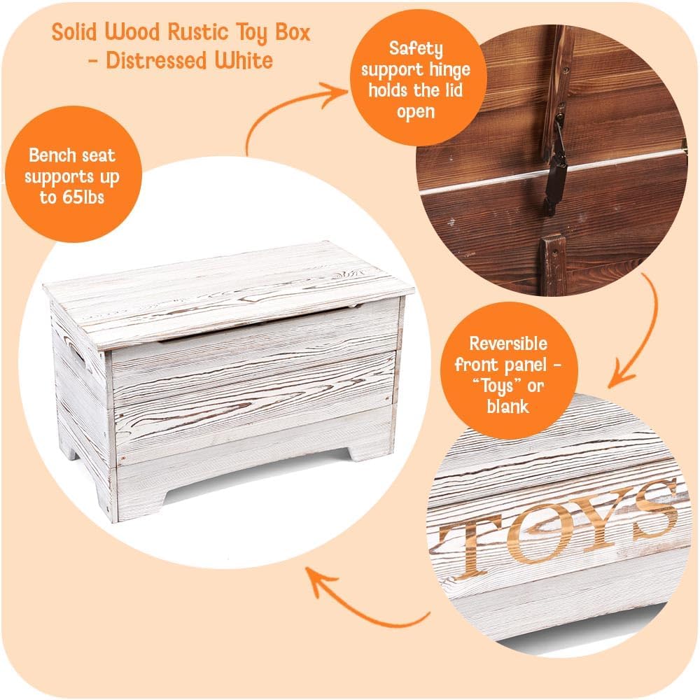 Farmhouse Solid Wood Rustic Toy Box with Reversible Panel - Distressed White, Safety Hinges & Customizable Storage