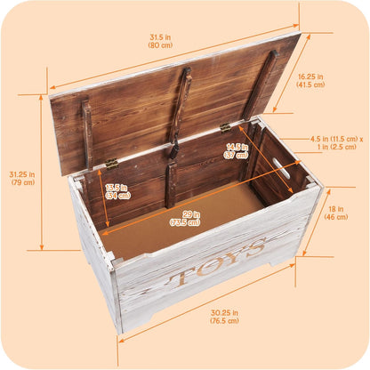Farmhouse Solid Wood Rustic Toy Box with Reversible Panel - Distressed White, Safety Hinges & Customizable Storage