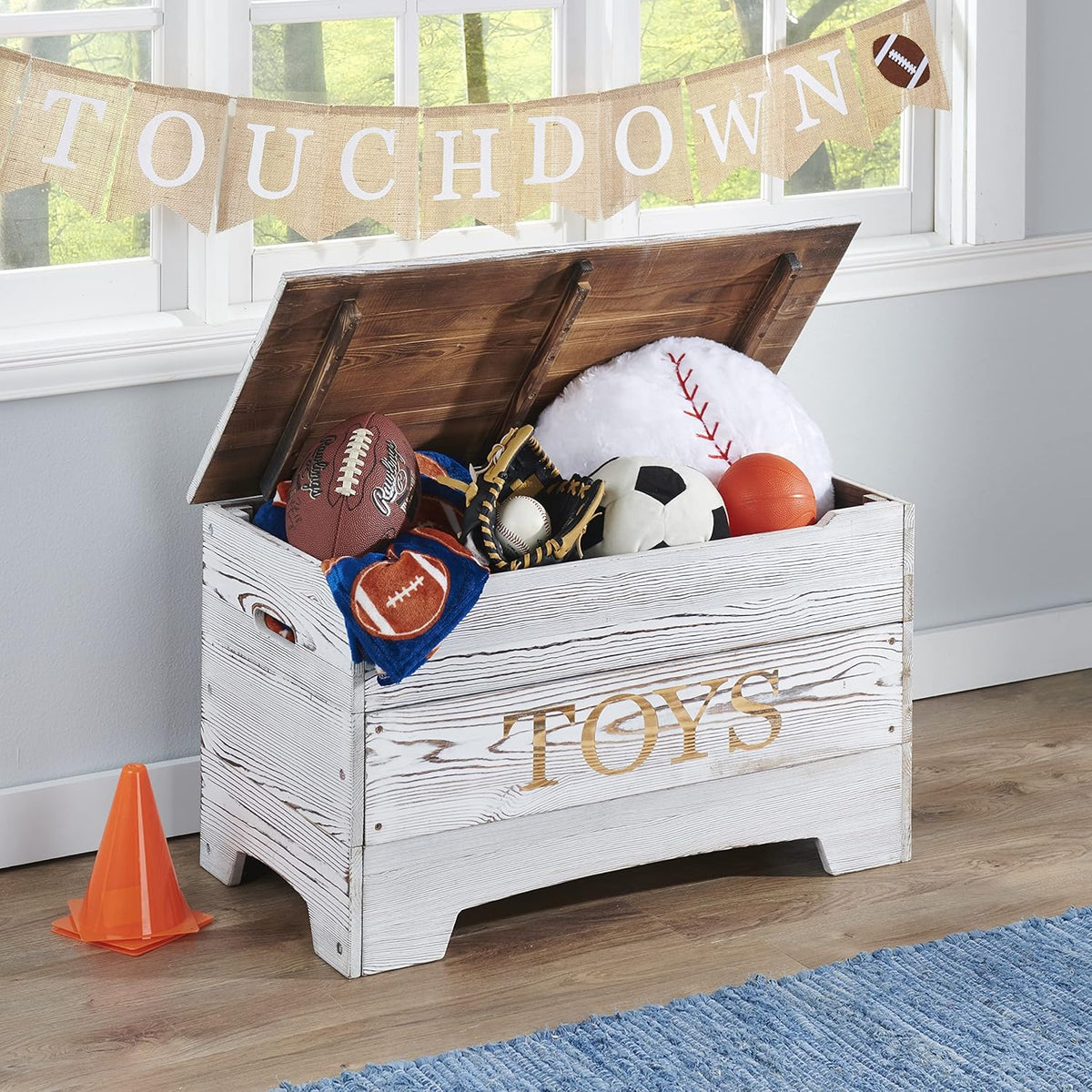 Farmhouse Solid Wood Rustic Toy Box with Reversible Panel - Distressed White, Safety Hinges & Customizable Storage