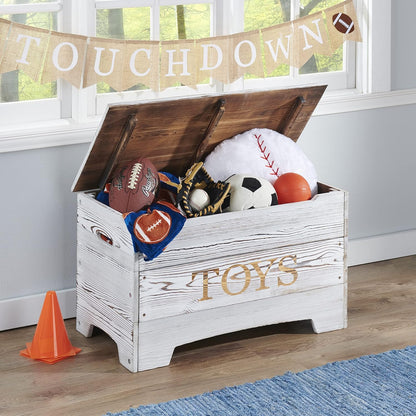 Farmhouse Solid Wood Rustic Toy Box with Reversible Panel - Distressed White, Safety Hinges & Customizable Storage