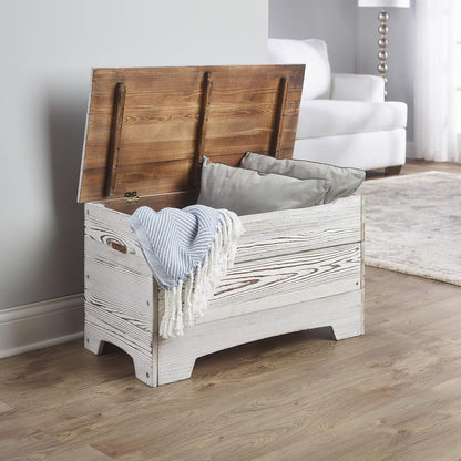 Farmhouse Solid Wood Rustic Toy Box with Reversible Panel - Distressed White, Safety Hinges & Customizable Storage