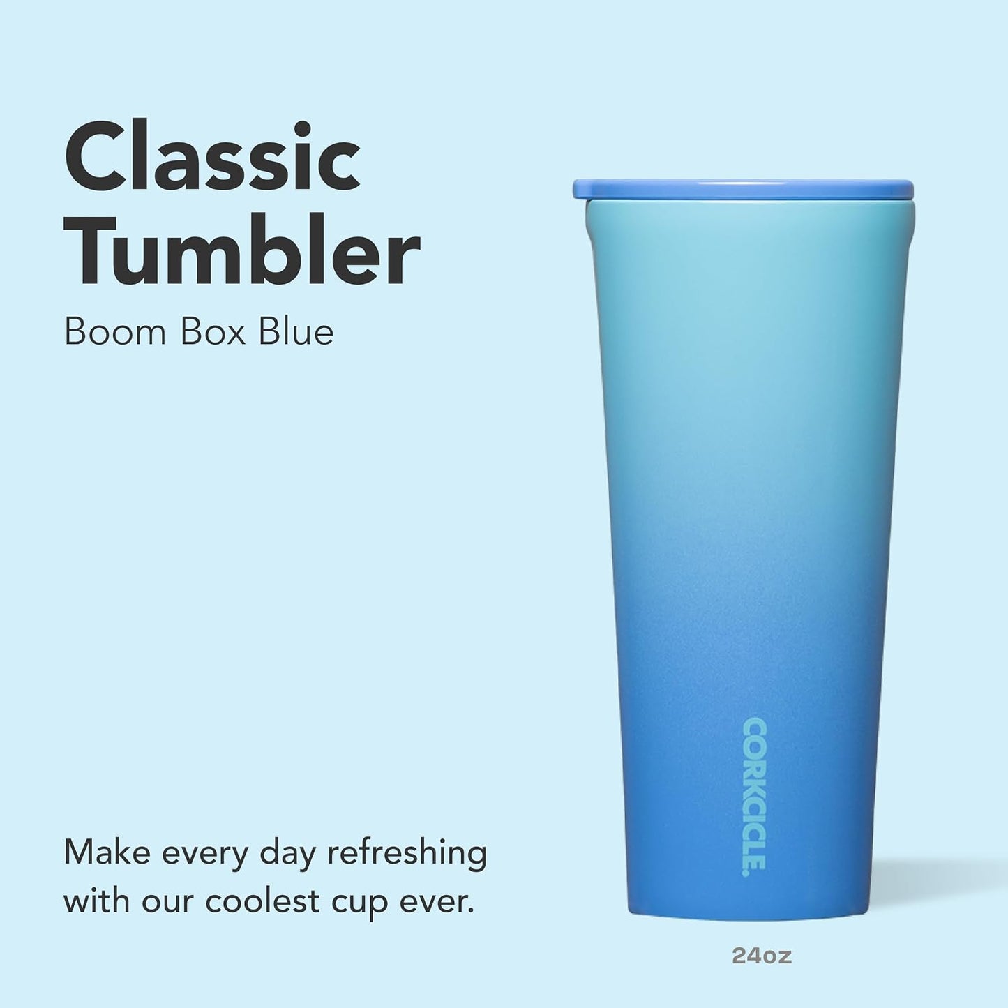 Classic Tumbler - Keeps Drinks Cold 9 Plus Hours - Triple Insulated Stainless Steel Drink Tumbler - Sliding Lid - Summer Drinkware Gift - Keeps Drinks Ice Cold - 24 oz - Boom Box Blue