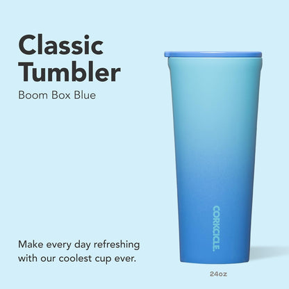 Classic Tumbler - Keeps Drinks Cold 9 Plus Hours - Triple Insulated Stainless Steel Drink Tumbler - Sliding Lid - Summer Drinkware Gift - Keeps Drinks Ice Cold - 24 oz - Boom Box Blue