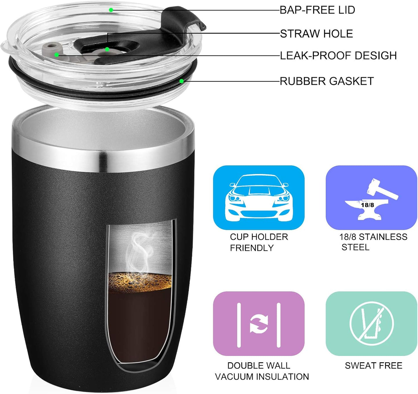 Stainless Steel 12 oz Tumblers bulk Vacuum Insulated Double Wall Travel Tumbler with Lid and Straw Reusable Tumbler,White 6 pack
