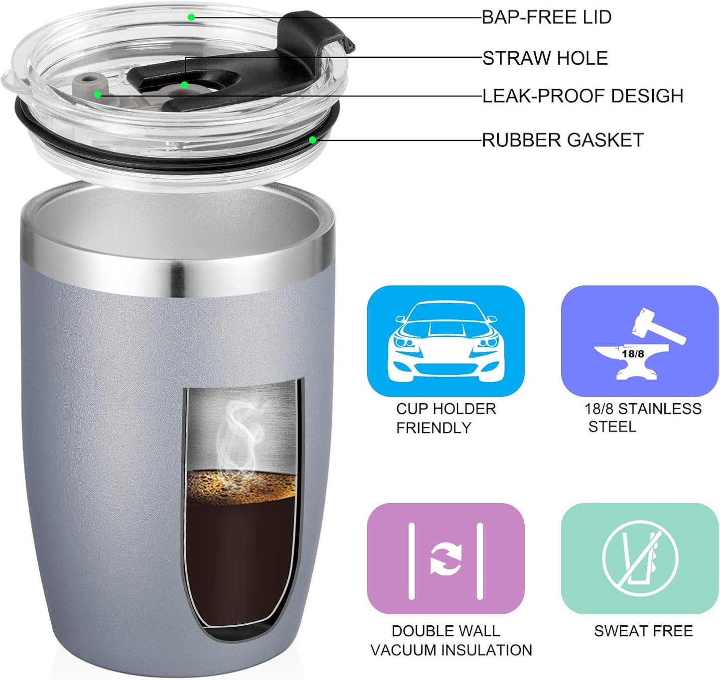 Stainless Steel 12 oz Tumblers bulk Vacuum Insulated Double Wall Travel Tumbler with Lid and Straw Reusable Tumbler,White 6 pack
