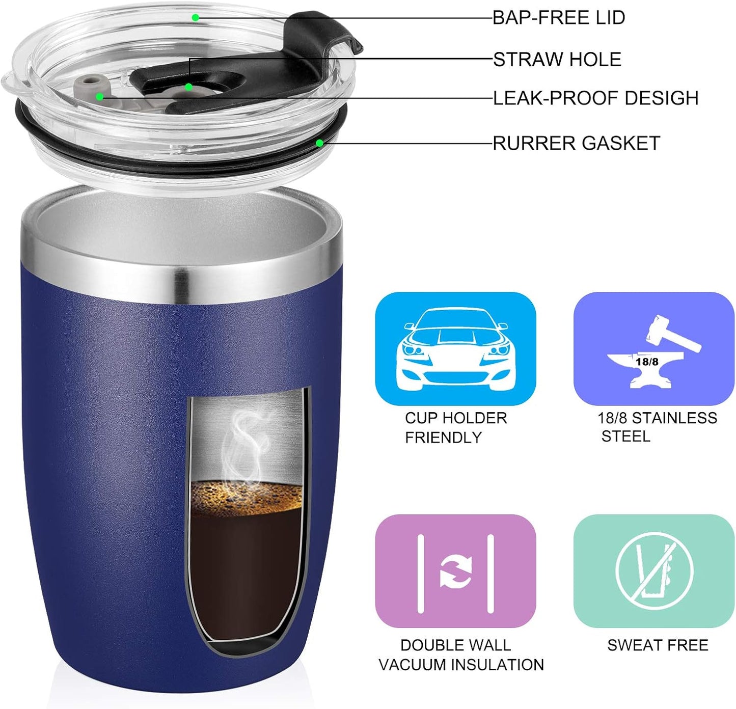 Stainless Steel 12 oz Tumblers bulk Vacuum Insulated Double Wall Travel Tumbler with Lid and Straw Reusable Tumbler,White 6 pack