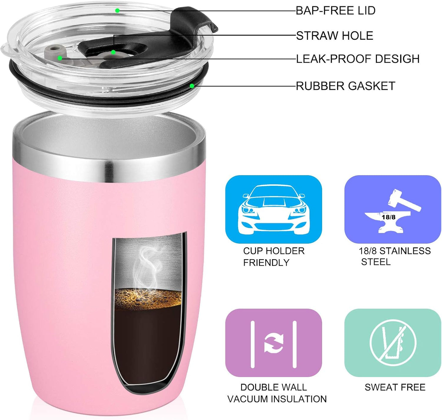 Stainless Steel 12 oz Tumblers bulk Vacuum Insulated Double Wall Travel Tumbler with Lid and Straw Reusable Tumbler,White 6 pack