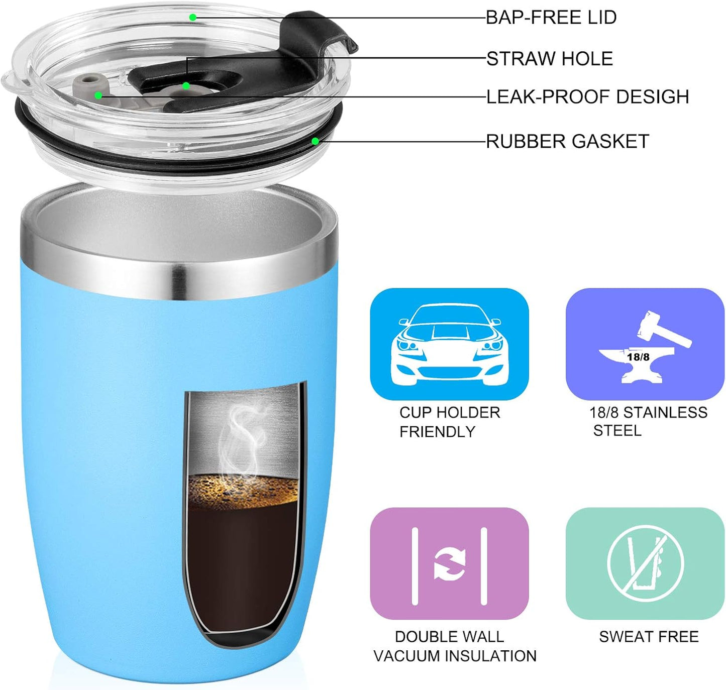 Stainless Steel 12 oz Tumblers bulk Vacuum Insulated Double Wall Travel Tumbler with Lid and Straw Reusable Tumbler,White 6 pack