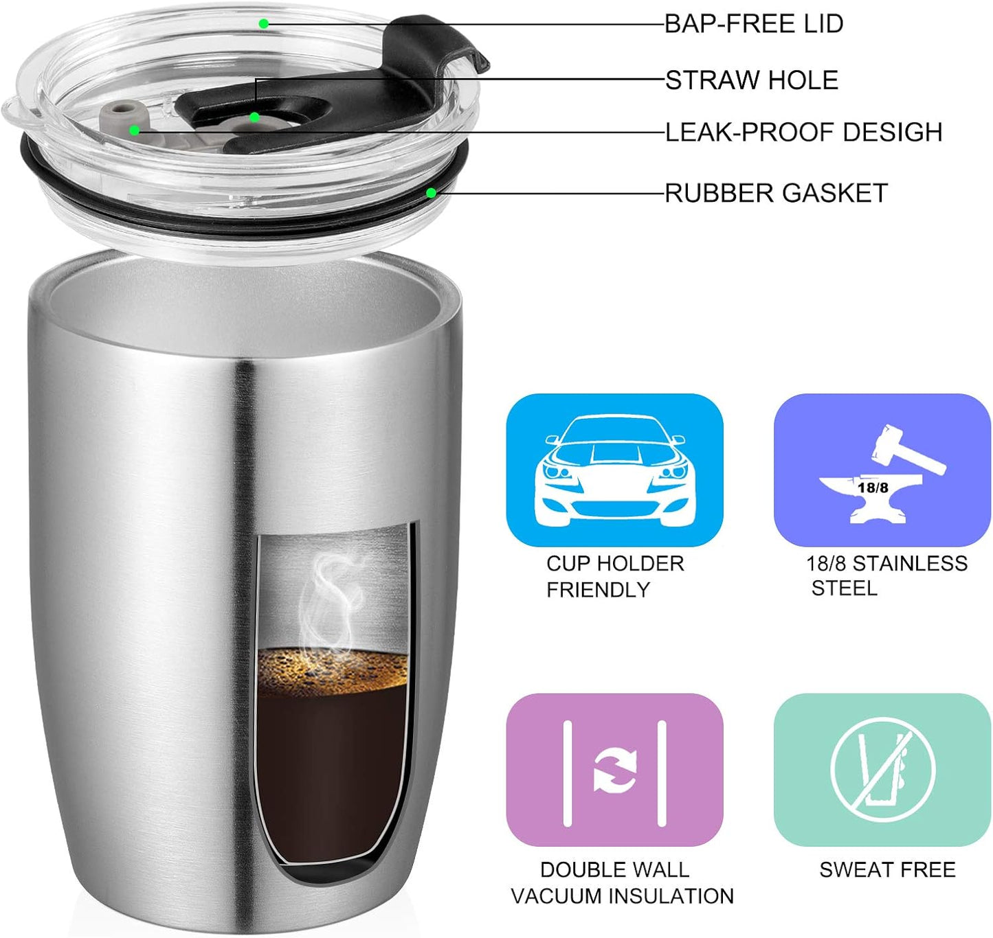 Stainless Steel 12 oz Tumblers bulk Vacuum Insulated Double Wall Travel Tumbler with Lid and Straw Reusable Tumbler,White 6 pack