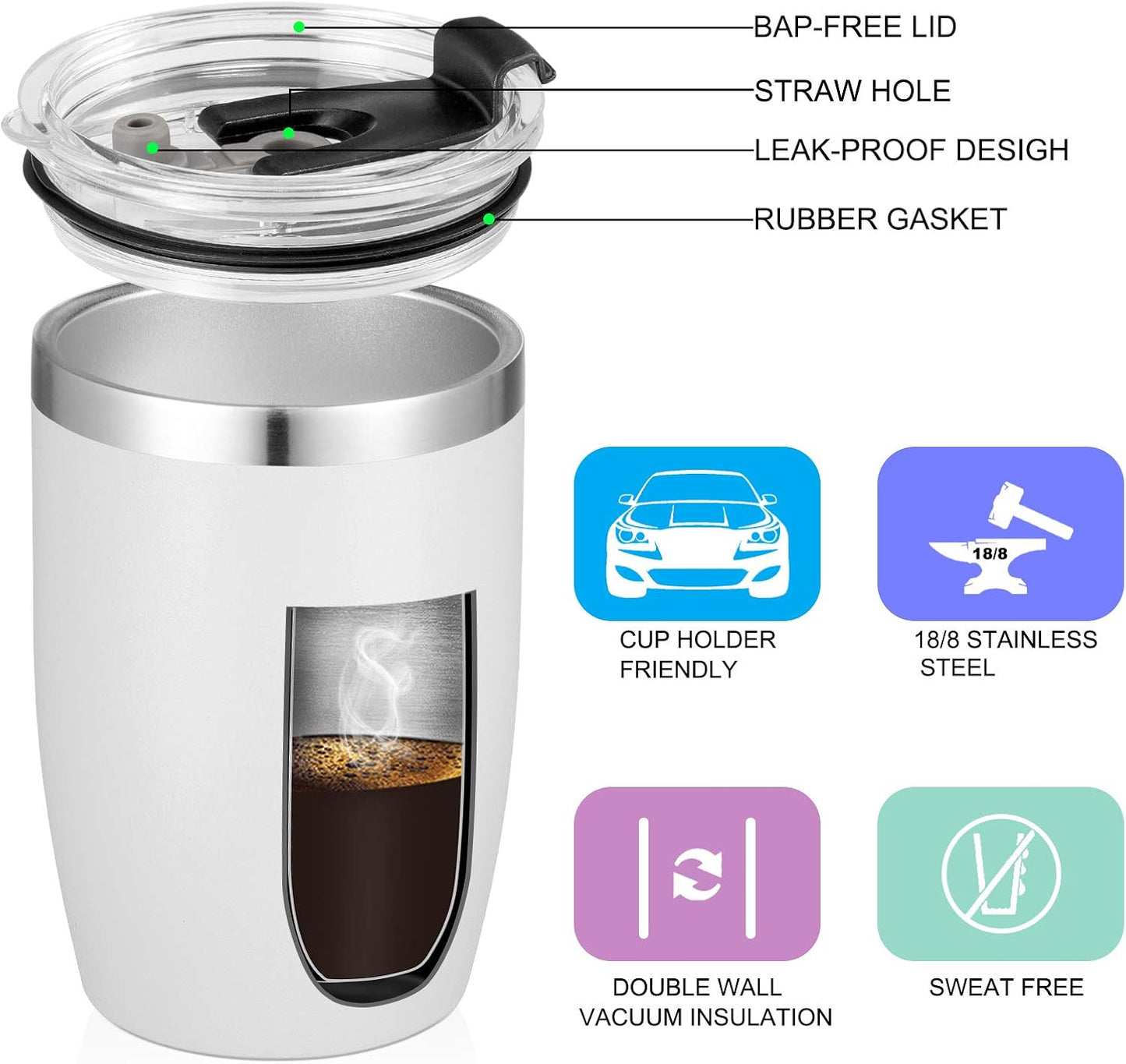 Stainless Steel 12 oz Tumblers bulk Vacuum Insulated Double Wall Travel Tumbler with Lid and Straw Reusable Tumbler,White 6 pack