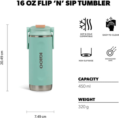 20 oz FlipNSip Tumbler, Reusable Travel Mug, Stainless Steel Insulated Hydration Cup for Hot & Cold Beverages,Seafoam