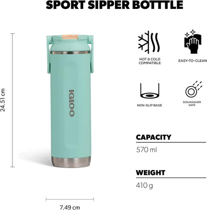 20 oz FlipNSip Tumbler, Reusable Travel Mug, Stainless Steel Insulated Hydration Cup for Hot & Cold Beverages,Seafoam