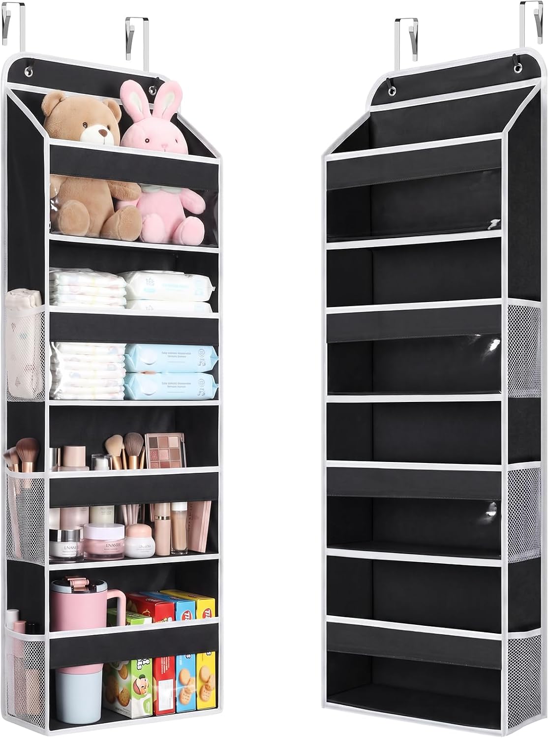 LAMU Over the Door Organizer, Large Capacity Behind the Door Storage with Clear PVC Windows, Back to School Supplies, Stuffed Animal Storage for Dorm Closet Nursery Bathroom Pantry, 4 Tier Grey