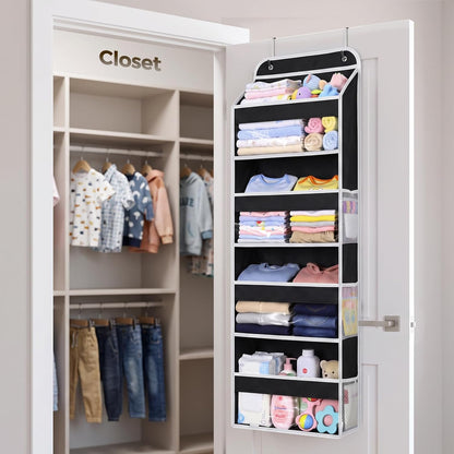 LAMU Over the Door Organizer, Large Capacity Behind the Door Storage with Clear PVC Windows, Back to School Supplies, Stuffed Animal Storage for Dorm Closet Nursery Bathroom Pantry, 4 Tier Grey
