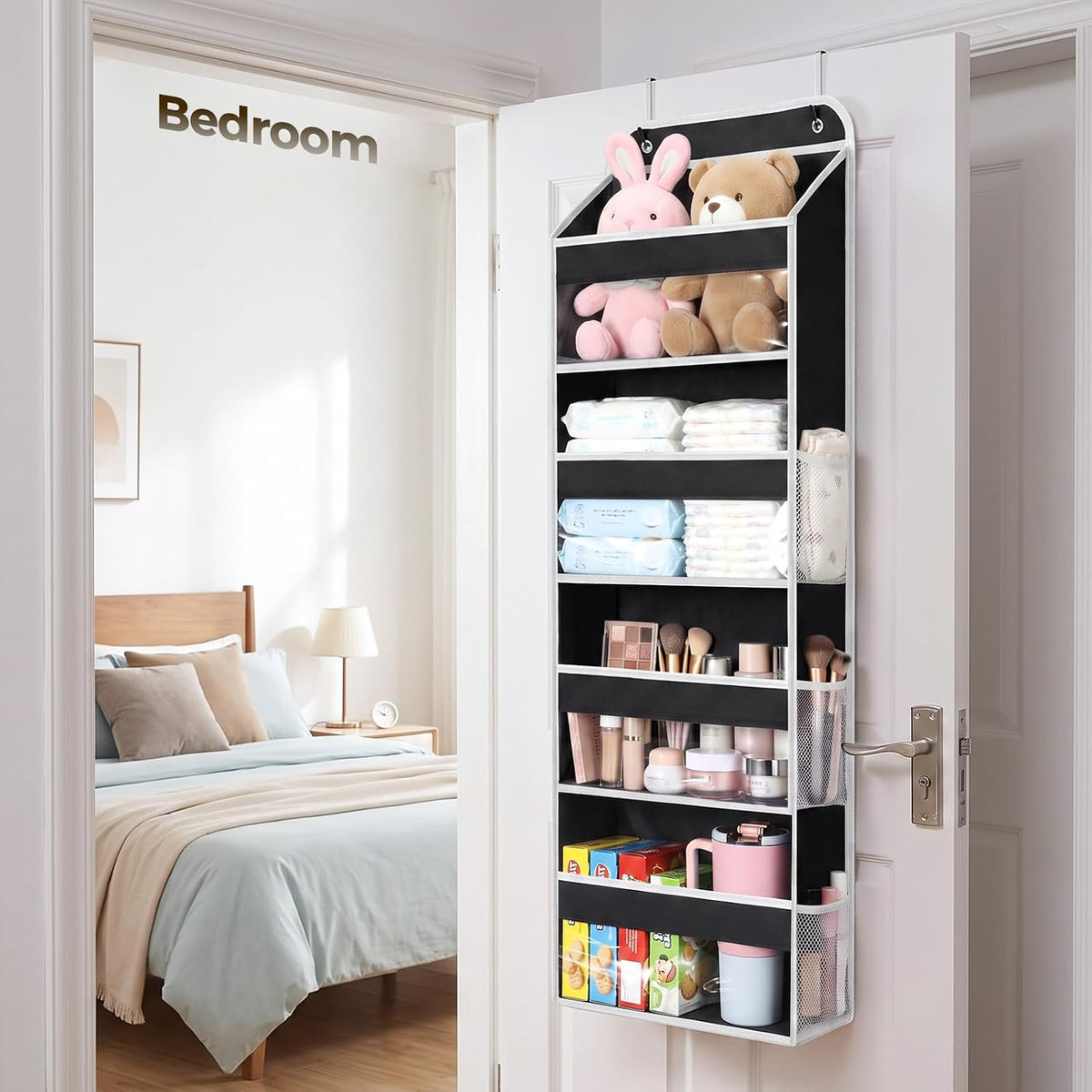 LAMU Over the Door Organizer, Large Capacity Behind the Door Storage with Clear PVC Windows, Back to School Supplies, Stuffed Animal Storage for Dorm Closet Nursery Bathroom Pantry, 4 Tier Grey