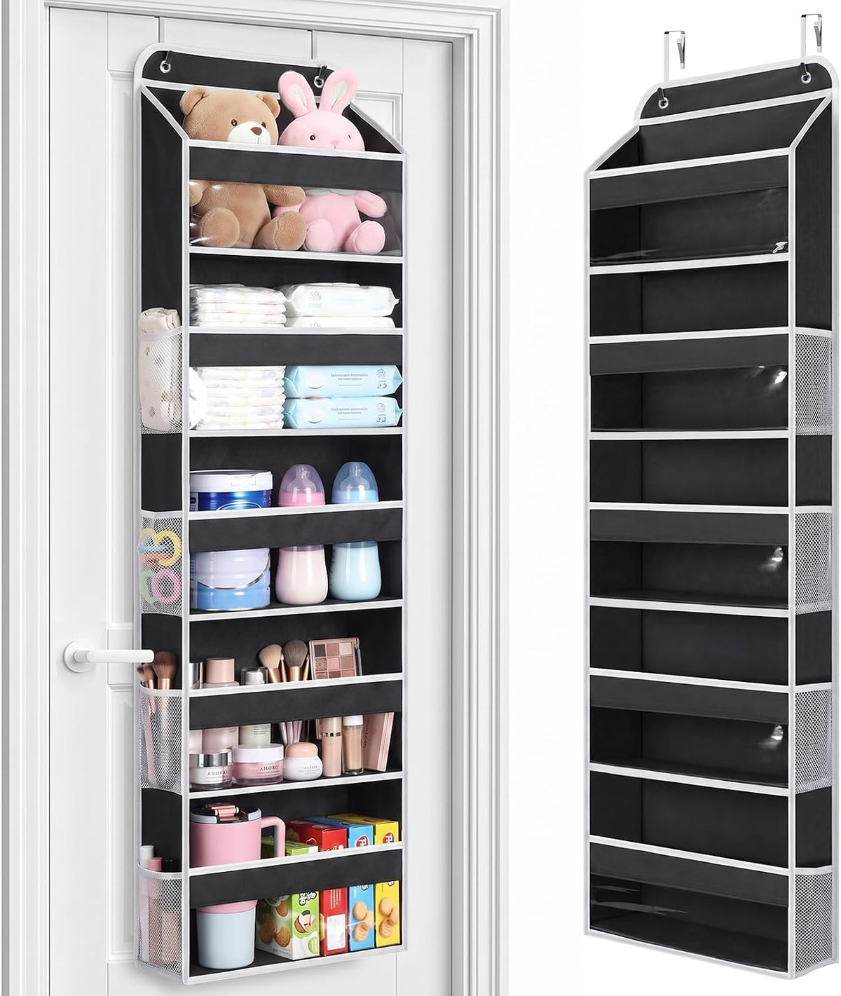 LAMU Over the Door Organizer, Large Capacity Behind the Door Storage with Clear PVC Windows, Back to School Supplies, Stuffed Animal Storage for Dorm Closet Nursery Bathroom Pantry, 4 Tier Grey