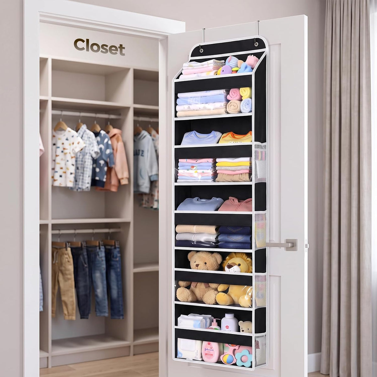 LAMU Over the Door Organizer, Large Capacity Behind the Door Storage with Clear PVC Windows, Back to School Supplies, Stuffed Animal Storage for Dorm Closet Nursery Bathroom Pantry, 4 Tier Grey