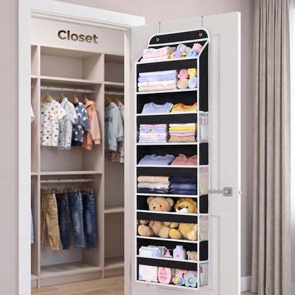 LAMU Over the Door Organizer, Large Capacity Behind the Door Storage with Clear PVC Windows, Back to School Supplies, Stuffed Animal Storage for Dorm Closet Nursery Bathroom Pantry, 4 Tier Grey