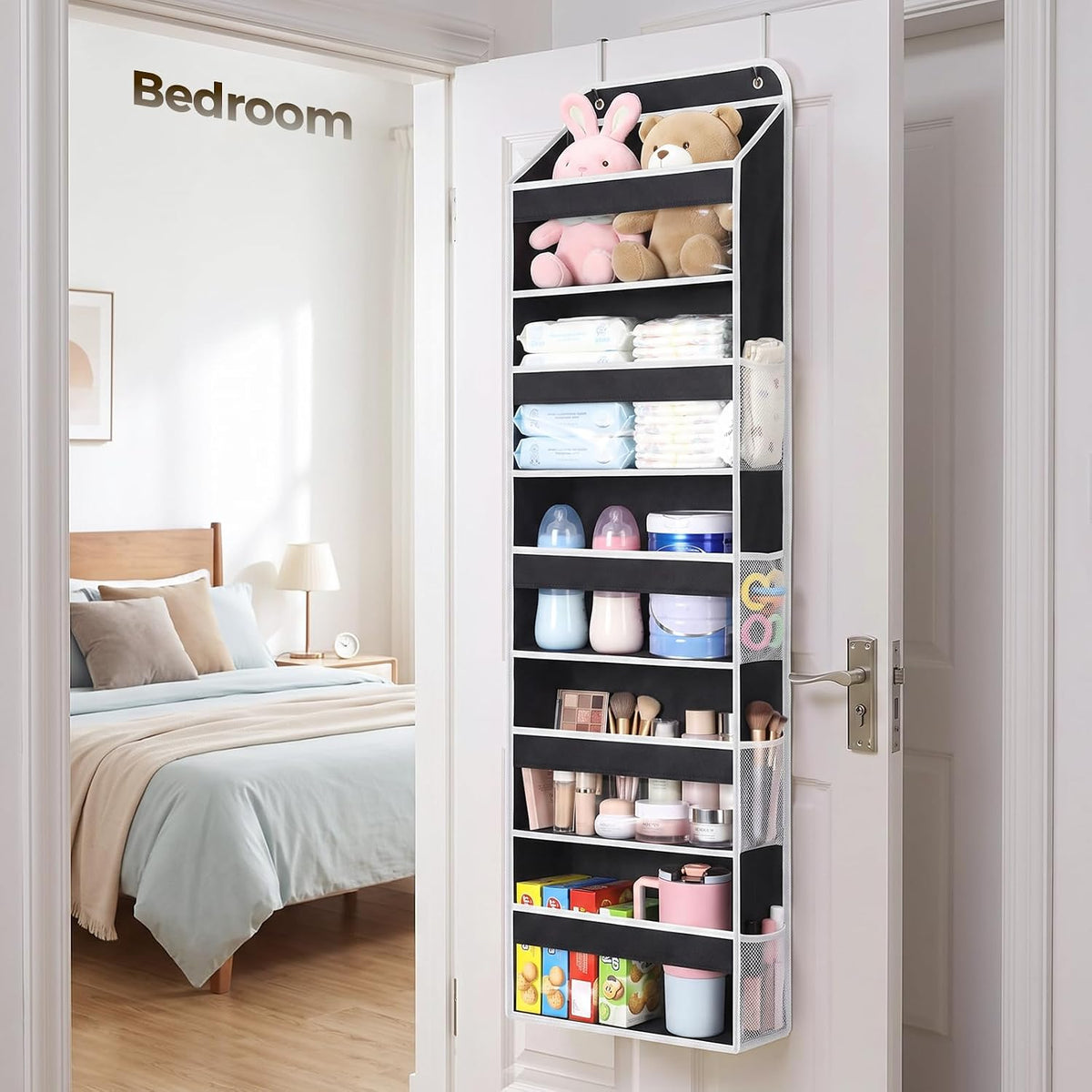 LAMU Over the Door Organizer, Large Capacity Behind the Door Storage with Clear PVC Windows, Back to School Supplies, Stuffed Animal Storage for Dorm Closet Nursery Bathroom Pantry, 4 Tier Grey