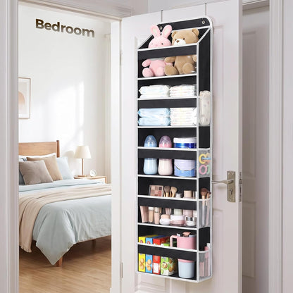 LAMU Over the Door Organizer, Large Capacity Behind the Door Storage with Clear PVC Windows, Back to School Supplies, Stuffed Animal Storage for Dorm Closet Nursery Bathroom Pantry, 4 Tier Grey