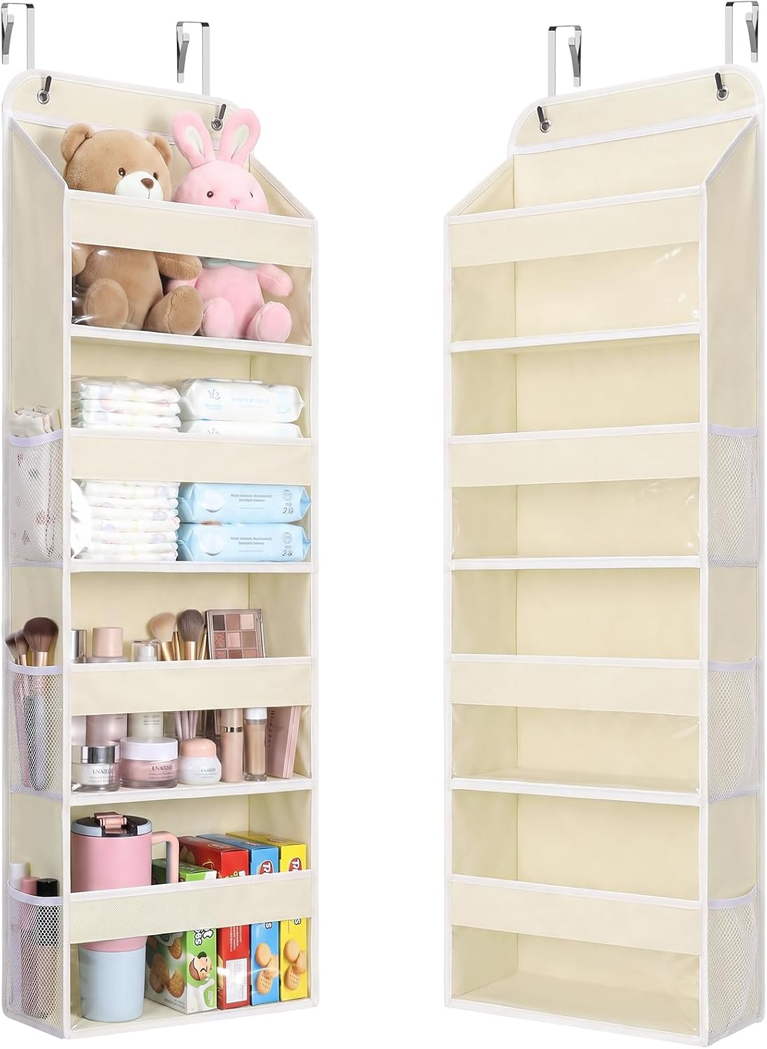 LAMU Over the Door Organizer, Large Capacity Behind the Door Storage with Clear PVC Windows, Back to School Supplies, Stuffed Animal Storage for Dorm Closet Nursery Bathroom Pantry, 4 Tier Grey